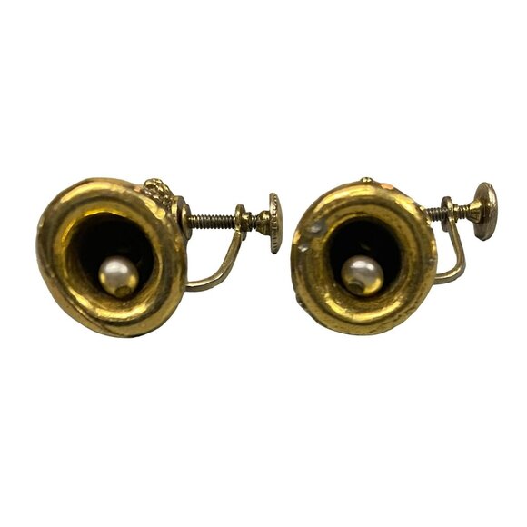 Rare Vintage Gold Tone Jingle Bell and Faux Pearl Dangle Clip on Earrings Christ - Picture 2 of 4